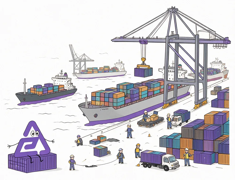 Illustrated container port: a ship being unloaded by a gantry crane, with stacked containers, trucks and dock workers on the quay