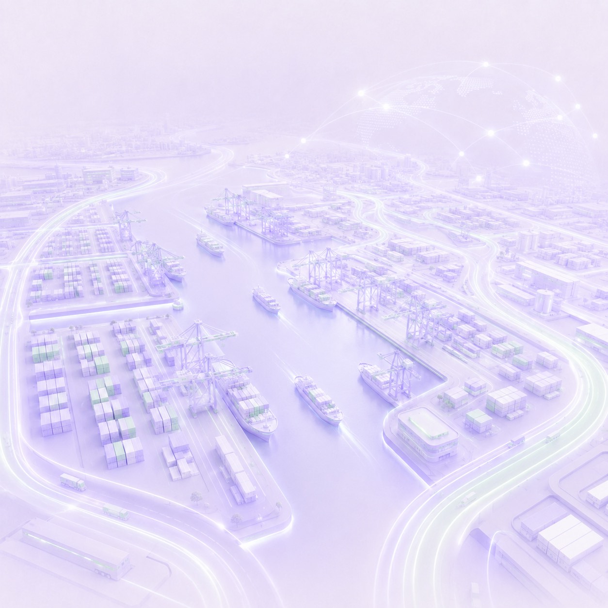 Illustrated port from above — container yards, cranes and ships linked by glowing trade routes